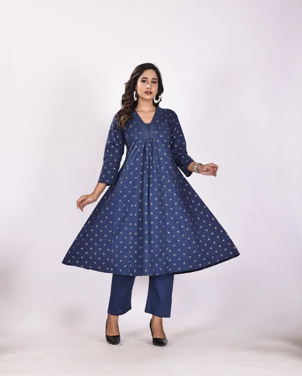 Blue_Premium_Pure_Cotton_Embroidered_Kurti_&_Pant_For_Women
