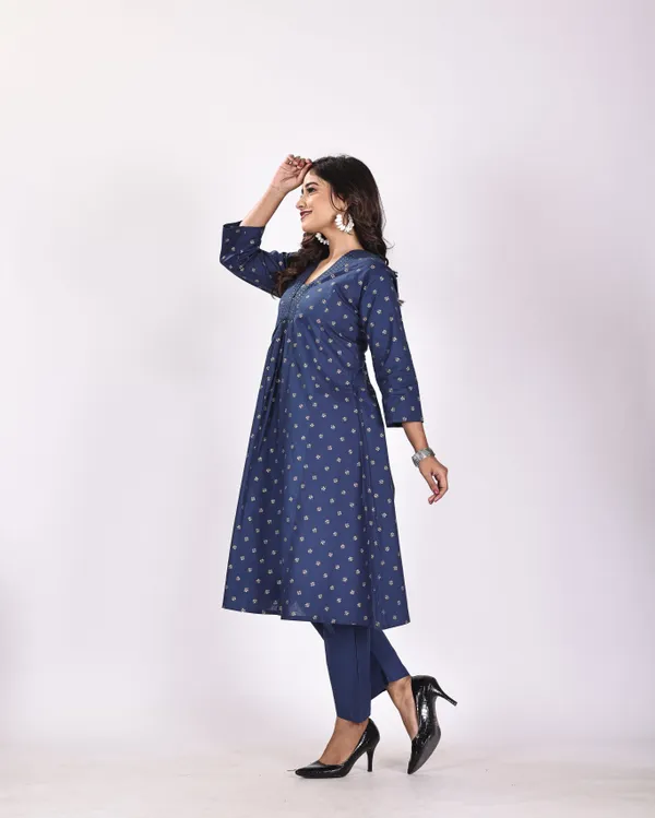 Blue_Premium_Pure_Cotton_Embroidered_Kurti_&_Pant_For_Women