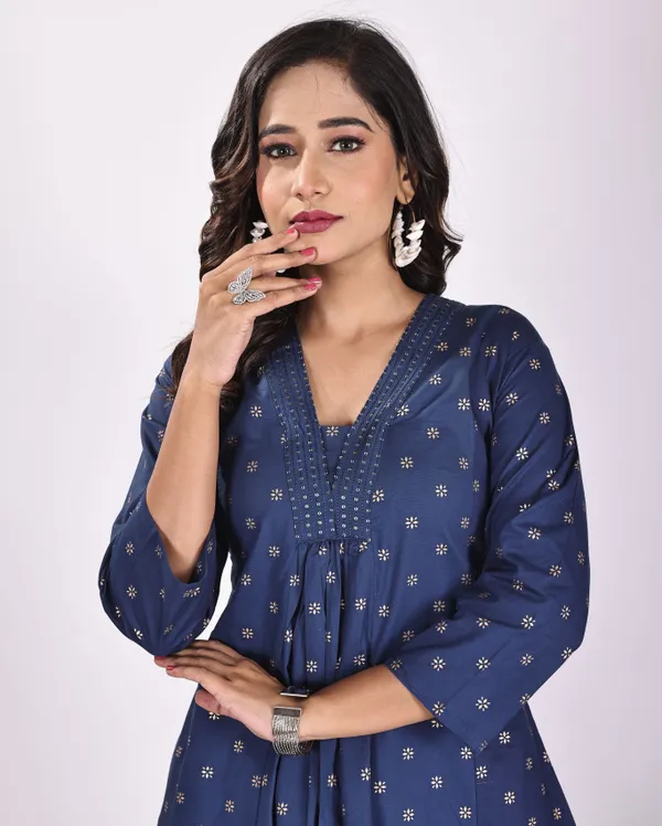 Blue_Premium_Pure_Cotton_Embroidered_Kurti_&_Pant_For_Women