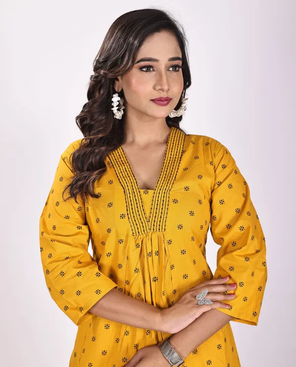 Yellow_Premium_Pure_Cotton_Embroidered_Kurti_&_Pant_For_Women