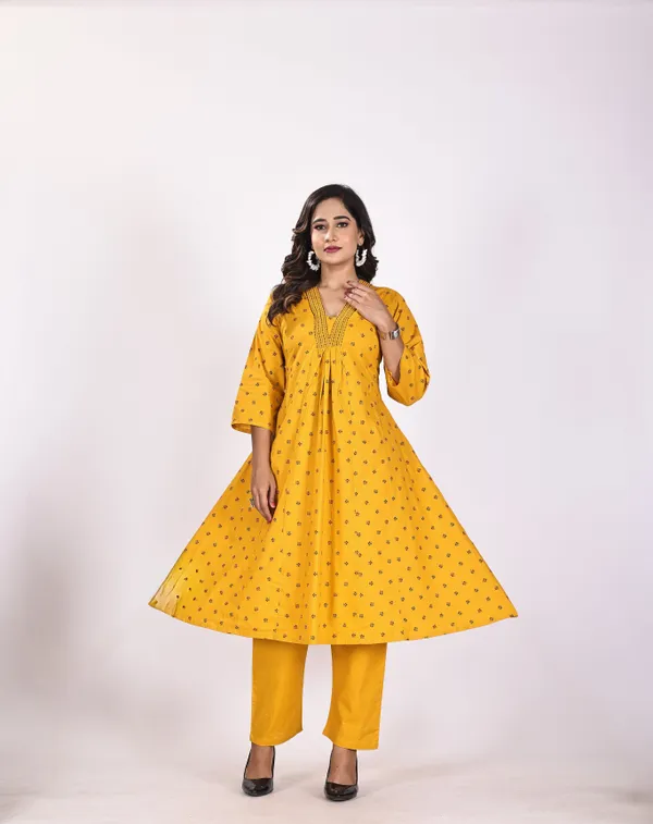 Yellow_Premium_Pure_Cotton_Embroidered_Kurti_&_Pant_For_Women