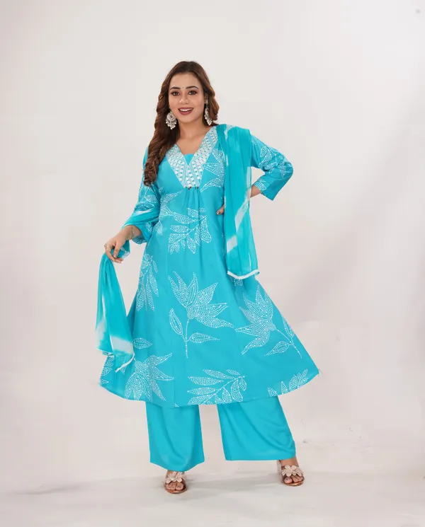 Blue_Premium_Viscose_Rayon_Embroidered_&_Printed_Kurta,_Trouser_&_Dupatta_Set_For_Women