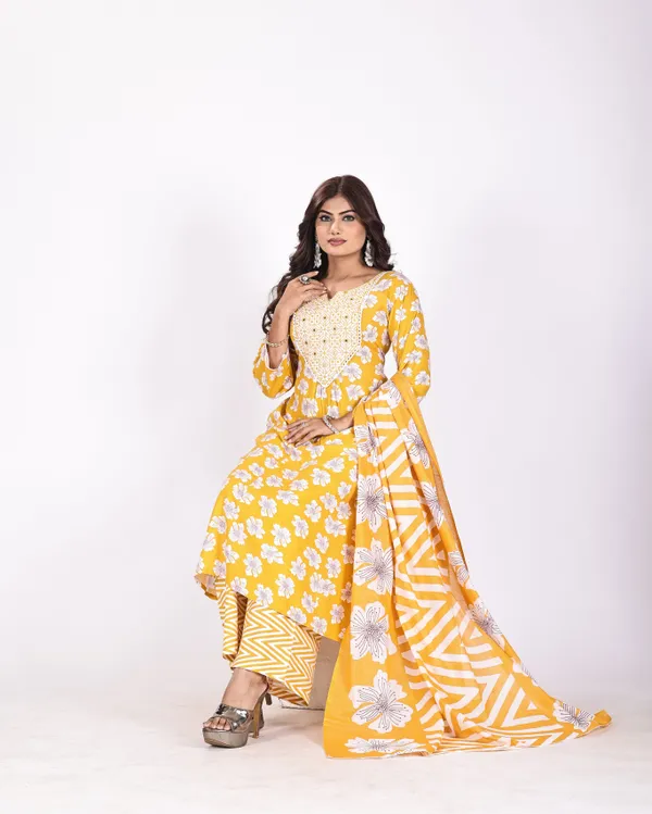 Yellow_Premium_Viscose_Rayon_Floral_Print_Kurta,_Trouser_&_Dupatta_Set_For_Women
