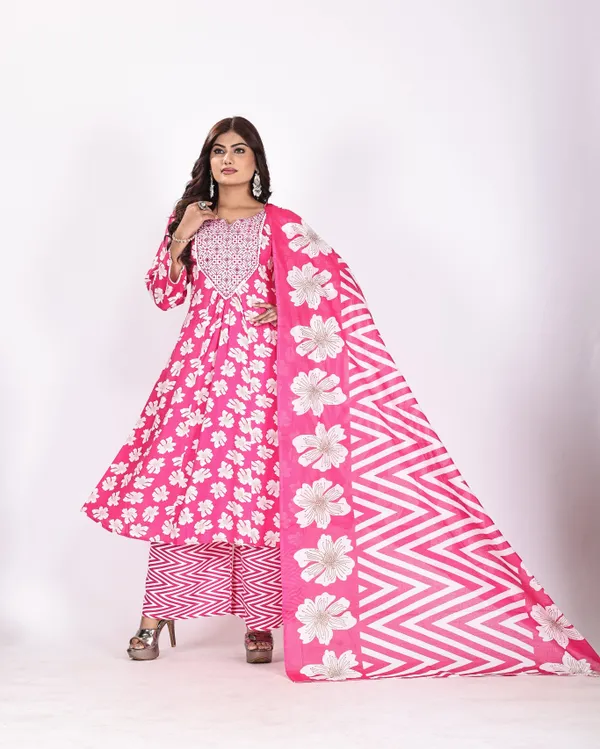 Pink_Premium_Viscose_Rayon_Floral_Print_Kurta,_Trouser_&_Dupatta_Set_For_Women