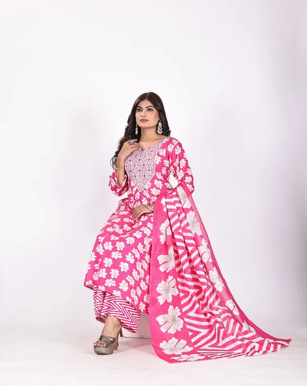 Pink_Premium_Viscose_Rayon_Floral_Print_Kurta,_Trouser_&_Dupatta_Set_For_Women