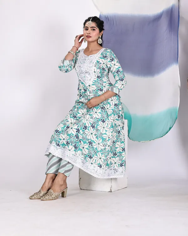 Green_Premium_Viscose_Rayon_Floral_Print_Anarkali_Kurta,_Bottom_&_Dupatta_Set_For_Women