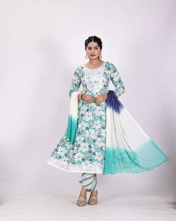 Green_Premium_Viscose_Rayon_Floral_Print_Anarkali_Kurta,_Bottom_&_Dupatta_Set_For_Women