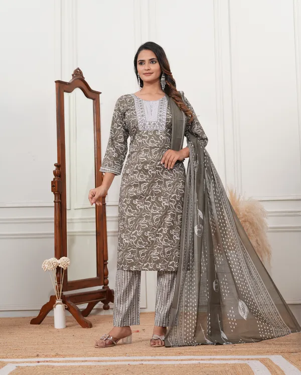 Brown_Premium_Cotton_Blend_Slub_Embroidered_Kurta,_Trouser_&_Dupatta_Set_For_Women