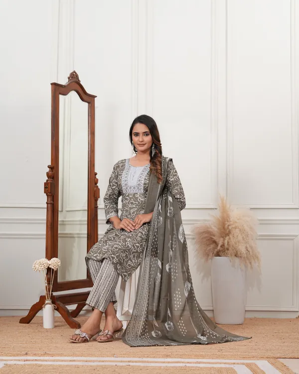 Brown_Premium_Cotton_Blend_Slub_Embroidered_Kurta,_Trouser_&_Dupatta_Set_For_Women