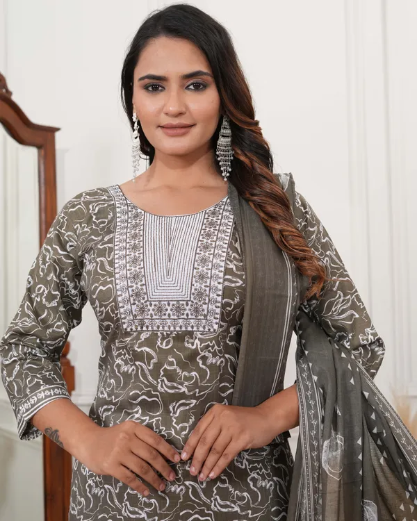 Brown_Premium_Cotton_Blend_Slub_Embroidered_Kurta,_Trouser_&_Dupatta_Set_For_Women