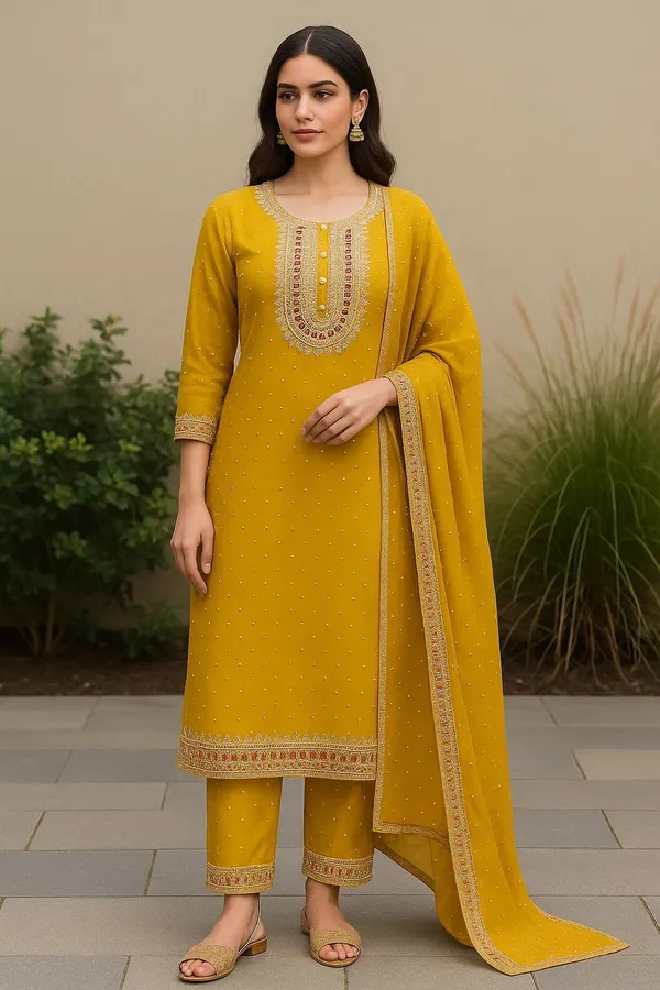 Yellow_Premium_Roman_Silk_Solid_Kurta,_Trouser_&_Dupatta_Set_For_Women