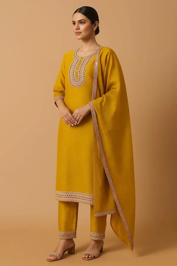 Yellow_Premium_Roman_Silk_Solid_Kurta,_Trouser_&_Dupatta_Set_For_Women