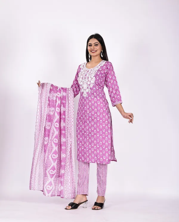 Purple_Premium_Cotton_Slub_Printed_Kurta,_Trouser_&_Dupatta_Set_For_Women