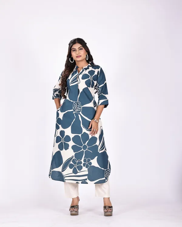 Blue_Premium_Khadi_Cotton_Printed_Kurti_&_Pant_For_Women