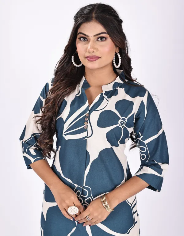 Blue_Premium_Khadi_Cotton_Printed_Kurti_&_Pant_For_Women