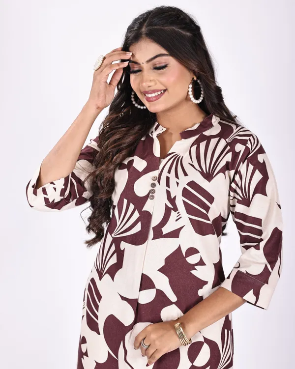 Maroon_Premium_Khadi_Cotton_Printed_Kurti_&_Pant_For_Women