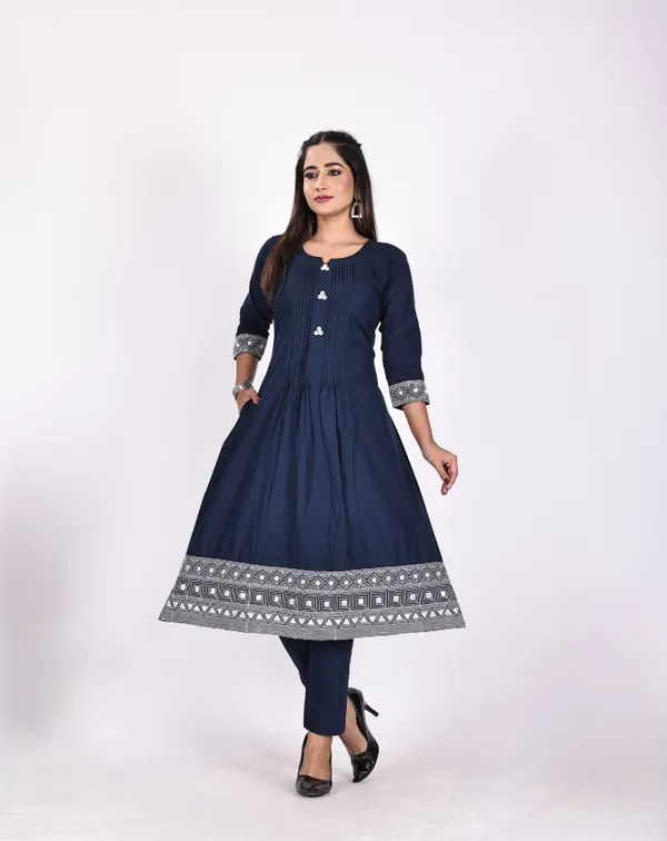 Blue_&_White_Premium_Cotton_Rayon_Printed_&_Embellished_Kurti_&_Sari_Pant_For_Women