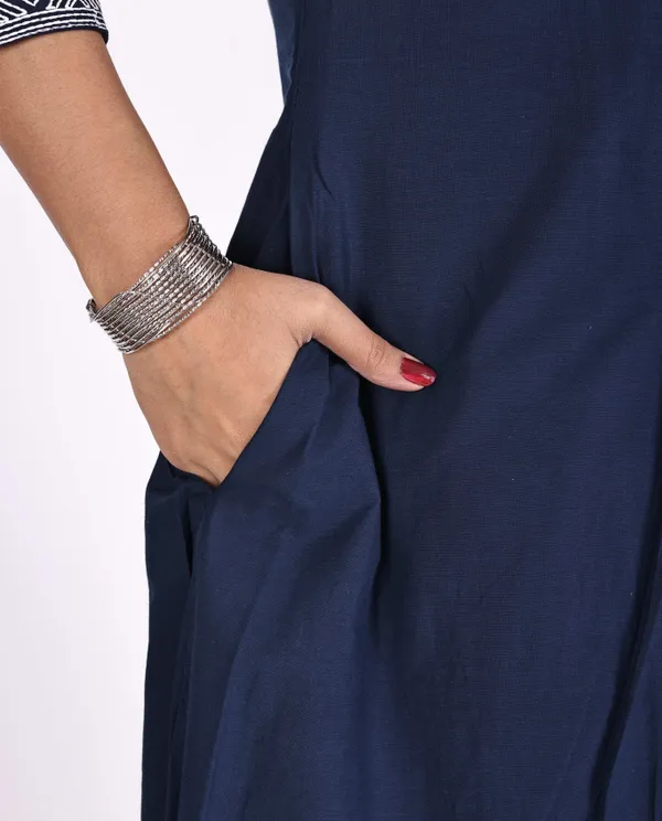 Blue_&_White_Premium_Cotton_Rayon_Printed_&_Embellished_Kurti_&_Sari_Pant_For_Women