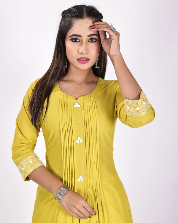 Yellow_Premium_Cotton_Rayon_Printed_&_Embellished_Kurti_&_Sari_Pant_For_Women