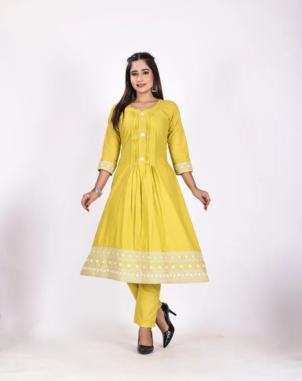 Yellow_Premium_Cotton_Rayon_Printed_&_Embellished_Kurti_&_Sari_Pant_For_Women