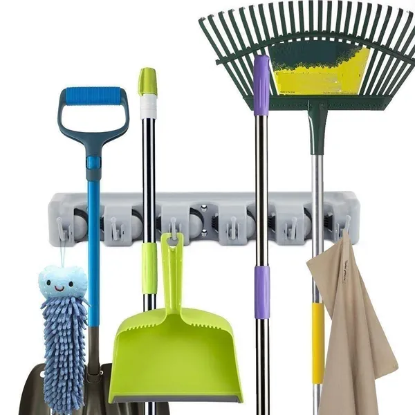 Grey_Mop_And_Broom_Holder_|_Wall_Hanging,Plastic_5_Slots_With_6_Inbuilt_Hanging_Hooks