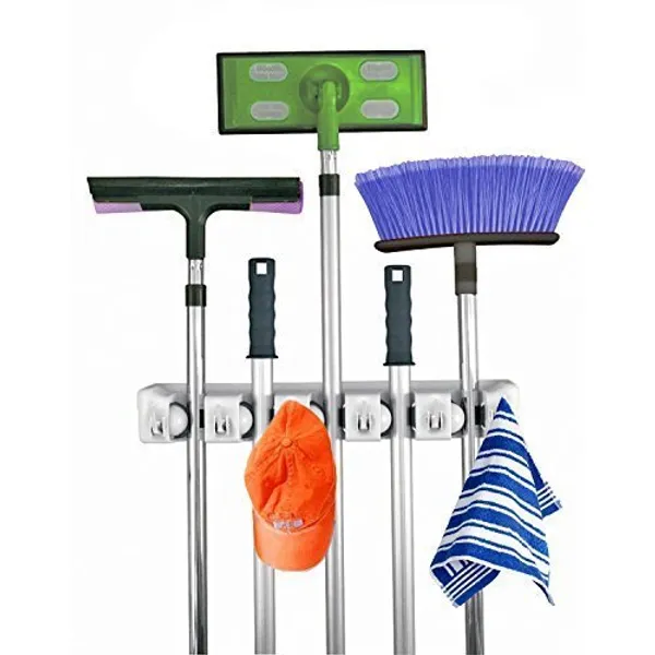 Grey_Mop_And_Broom_Holder_|_Wall_Hanging,Plastic_5_Slots_With_6_Inbuilt_Hanging_Hooks