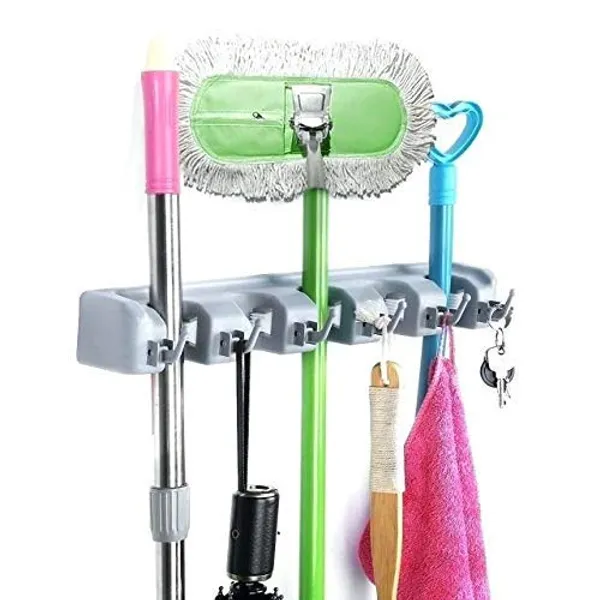 Grey_Mop_And_Broom_Holder_|_Wall_Hanging,Plastic_5_Slots_With_6_Inbuilt_Hanging_Hooks