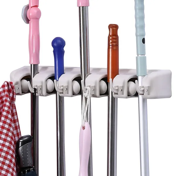 Grey_Mop_And_Broom_Holder_|_Wall_Hanging,Plastic_5_Slots_With_6_Inbuilt_Hanging_Hooks