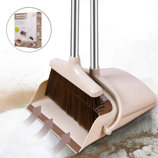 Beige_Long_Handled_Dust_Pan_-_Stand_Up_Design_-_Accommodates_Any_Broom/Hand_Brush-Broom_And_Dustpan_Treelen_With_Dust_Pan_With_Long_Handle_Combo-Free_Broom_Holder_For_Home/Lobby/Shop/Office