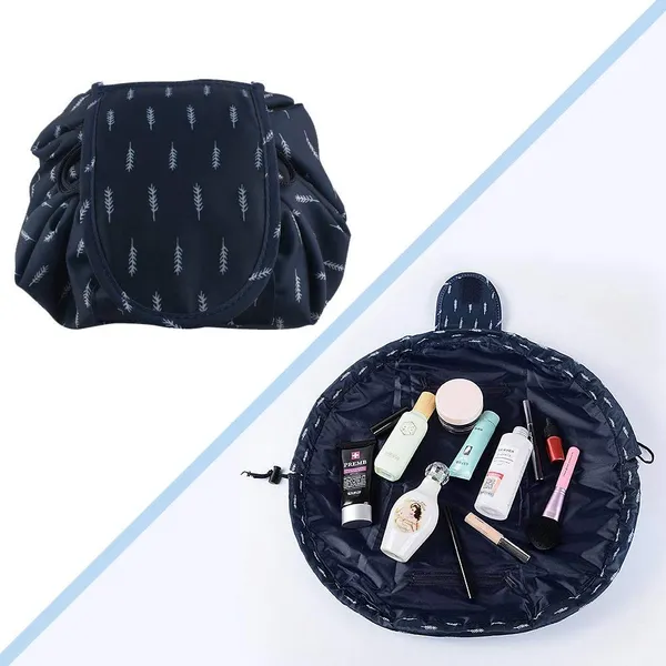 Dark_Blue_Leaf_Women's_Convenient_And_Waterproof_Multifunction_Portable_Lazy_Travel_Cosmetic_Storage_Makeup_Organizer_Toiletry_Bag_With_Drawstrings