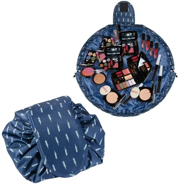 Dark_Blue_Leaf_Women's_Convenient_And_Waterproof_Multifunction_Portable_Lazy_Travel_Cosmetic_Storage_Makeup_Organizer_Toiletry_Bag_With_Drawstrings