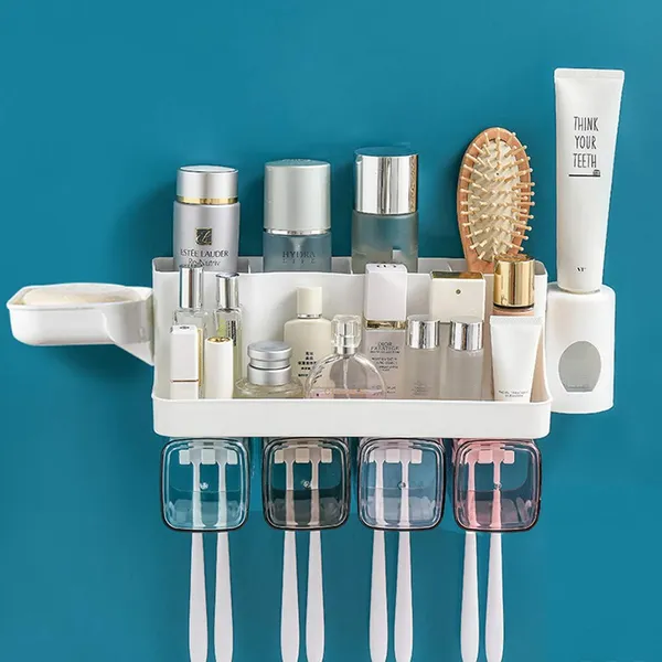 White_Wall_Mountable_Durable_And_Stable_Plastic_Toothbrush_Holder_With_4_Slots_For_Keeping_Toothpaste,_Comb,_Cream,_Lotion_&_Soap_(4_Slot)