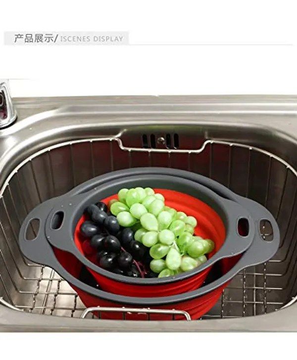 Red_2Pcs_Bpa-Free_Silicone_Collapsible_Colander_And_Strainer_Set_With_Handle,Folding_Silicone_Drain_Basket_Vegetable_Basin_Fruit_Basket