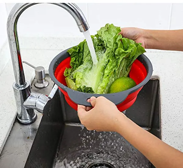 Red_2Pcs_Bpa-Free_Silicone_Collapsible_Colander_And_Strainer_Set_With_Handle,Folding_Silicone_Drain_Basket_Vegetable_Basin_Fruit_Basket