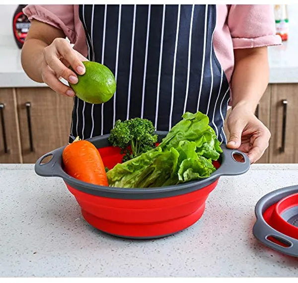 Red_2Pcs_Bpa-Free_Silicone_Collapsible_Colander_And_Strainer_Set_With_Handle,Folding_Silicone_Drain_Basket_Vegetable_Basin_Fruit_Basket