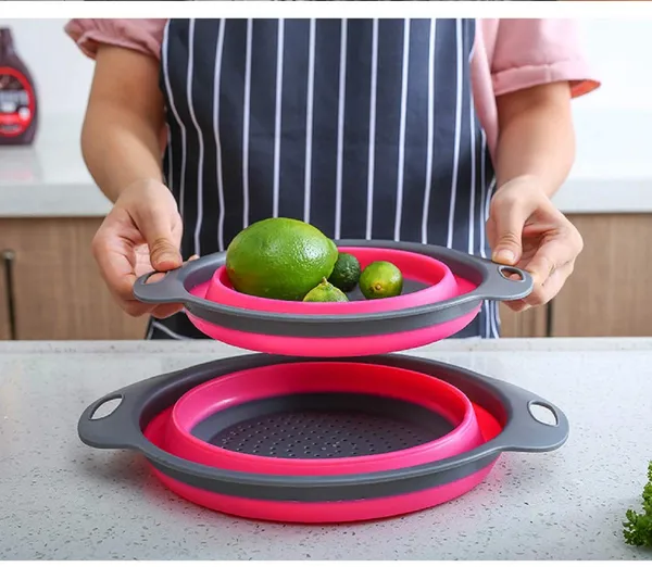 Red_2Pcs_Bpa-Free_Silicone_Collapsible_Colander_And_Strainer_Set_With_Handle,Folding_Silicone_Drain_Basket_Vegetable_Basin_Fruit_Basket