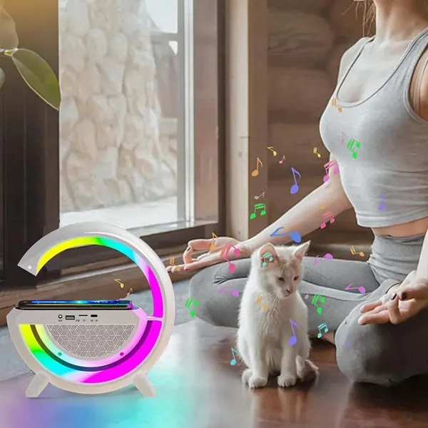 White_G-Shape_Wireless_Bt_Speaker_With_Fm_Radio_Rgb_Light_Table_Lamp_Wireless_Charger_Led_Smart_Wake_Up_Light_15W_Speaker_For_Home_Indoor_Outdoor_Decoration_Room