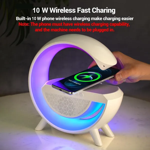White_G-Shape_Wireless_Bt_Speaker_With_Fm_Radio_Rgb_Light_Table_Lamp_Wireless_Charger_Led_Smart_Wake_Up_Light_15W_Speaker_For_Home_Indoor_Outdoor_Decoration_Room