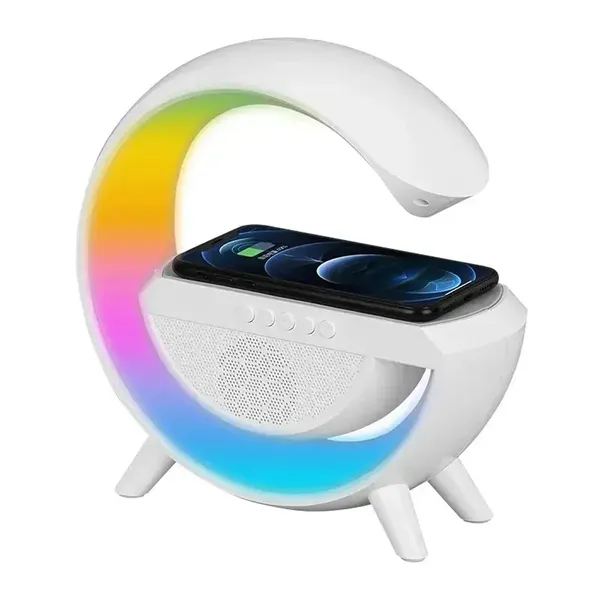 White_G-Shape_Wireless_Bt_Speaker_With_Fm_Radio_Rgb_Light_Table_Lamp_Wireless_Charger_Led_Smart_Wake_Up_Light_15W_Speaker_For_Home_Indoor_Outdoor_Decoration_Room