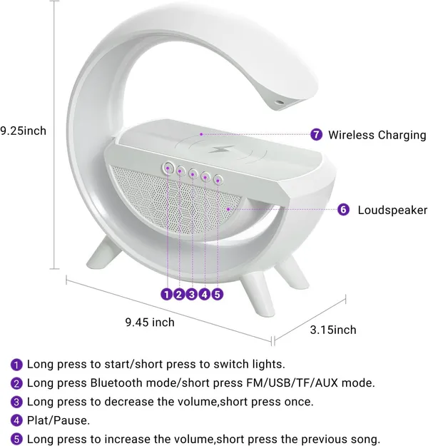 White_G-Shape_Wireless_Bt_Speaker_With_Fm_Radio_Rgb_Light_Table_Lamp_Wireless_Charger_Led_Smart_Wake_Up_Light_15W_Speaker_For_Home_Indoor_Outdoor_Decoration_Room