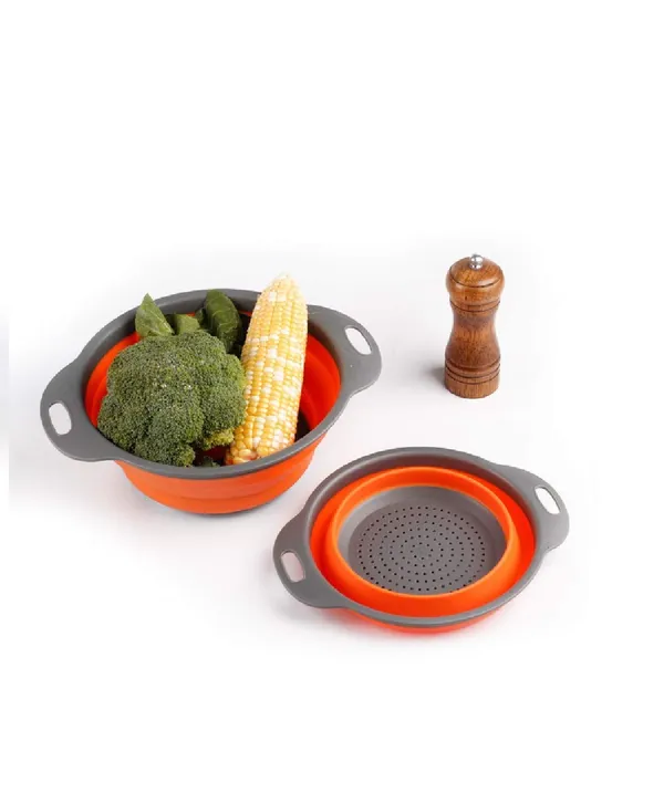 Green_2Pcs_Bpa-Free_Silicone_Collapsible_Colander_And_Strainer_Set_With_Handle,Folding_Silicone_Drain_Basket_Vegetable_Basin_Fruit_Basket