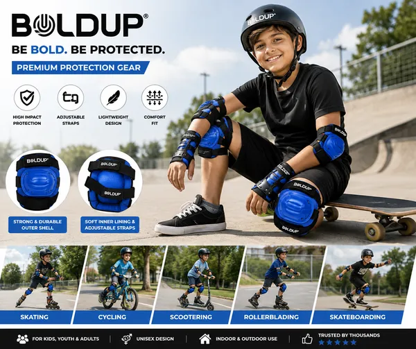 BOLDUP_Kids_Protective_Gear_Set_6-Piece_for_Skating,_Cycling_&_Scooter_|_Knee_Pads,_Elbow_Pads_&_Wrist_Guards_|_Adjustable_Safety_Guards_for_Boys_&_Girls_(Blue_Knee_Guard_)