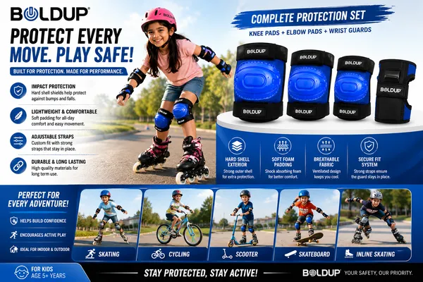 BOLDUP_Kids_Protective_Gear_Set_6-Piece_for_Skating,_Cycling_&_Scooter_|_Knee_Pads,_Elbow_Pads_&_Wrist_Guards_|_Adjustable_Safety_Guards_for_Boys_&_Girls_(Blue_Knee_Guard_)