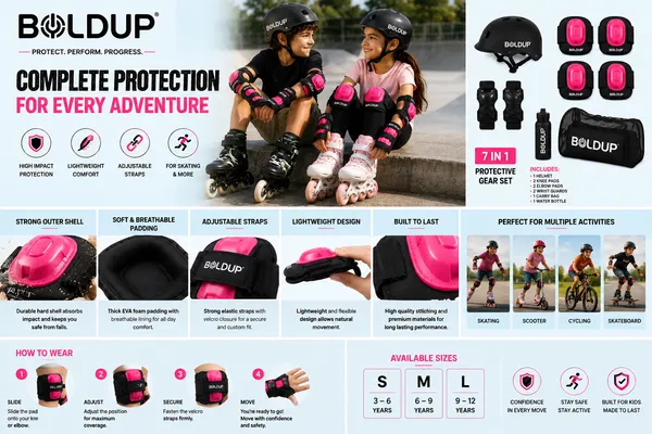BOLDUP_Kids_Protective_Gear_Set_6-Piece_for_Skating,_Cycling_&_Scooter_|_Knee_Pads,_Elbow_Pads_&_Wrist_Guards_|_Adjustable_Safety_Guards_for_Boys_&_Girls_(Pink_Knee_Guard)