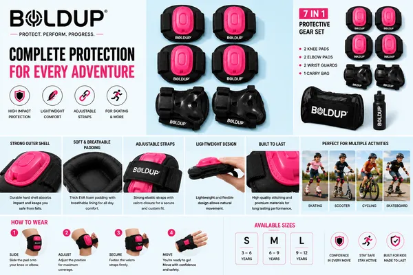 BOLDUP_Kids_Protective_Gear_Set_6-Piece_for_Skating,_Cycling_&_Scooter_|_Knee_Pads,_Elbow_Pads_&_Wrist_Guards_|_Adjustable_Safety_Guards_for_Boys_&_Girls_(Pink_Knee_Guard)
