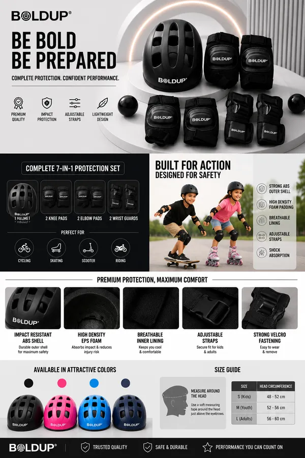 BOLDUP_Kids_Protective_Gear_Set_7-in-1_for_Skating,_Cycling_&_Scooter_|_Helmet,_Knee_Pads,_Elbow_Pads_&_Wrist_Guards_|_Adjustable_Safety_Gear_Kit_for_Boys_&_Girls_(Black_Skating_kit_)
