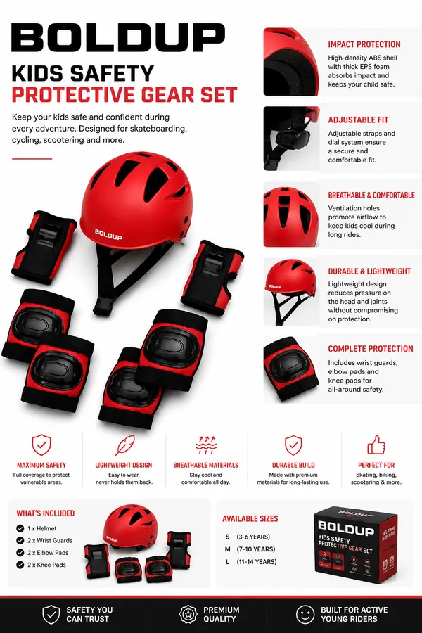 BOLDUP_Kids_Protective_Gear_Set_7-in-1_for_Skating,_Cycling_&_Scooter_|_Helmet,_Knee_Pads,_Elbow_Pads_&_Wrist_Guards_|_Adjustable_Safety_Gear_Kit_for_Boys_&_Girls_(RED_Skating_kit)