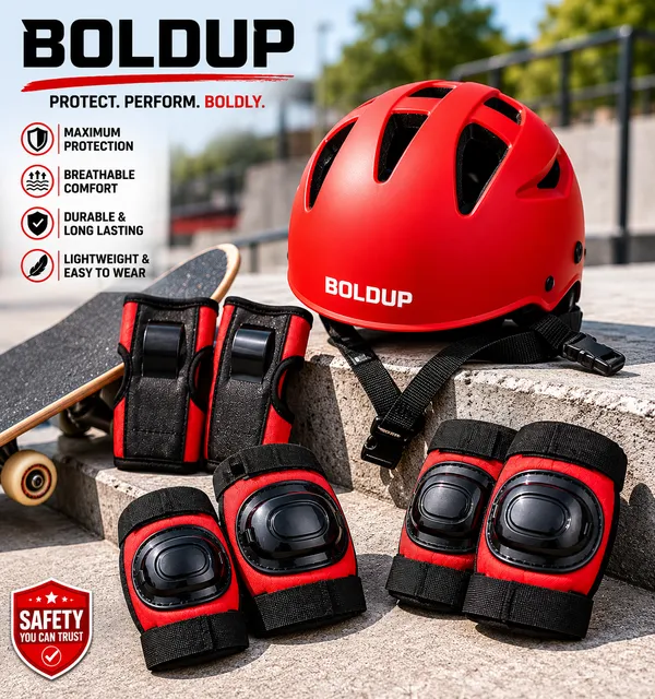 BOLDUP_Kids_Protective_Gear_Set_7-in-1_for_Skating,_Cycling_&_Scooter_|_Helmet,_Knee_Pads,_Elbow_Pads_&_Wrist_Guards_|_Adjustable_Safety_Gear_Kit_for_Boys_&_Girls_(RED_Skating_kit)