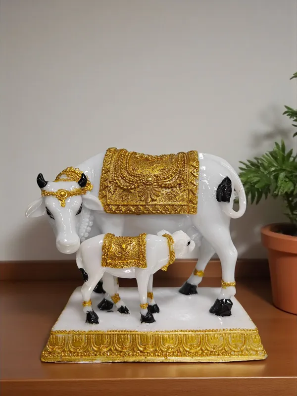 5_INCH_White_&_Golden_Fiber_Poly_Resin_Premium_Cow_&_Calf_Statue