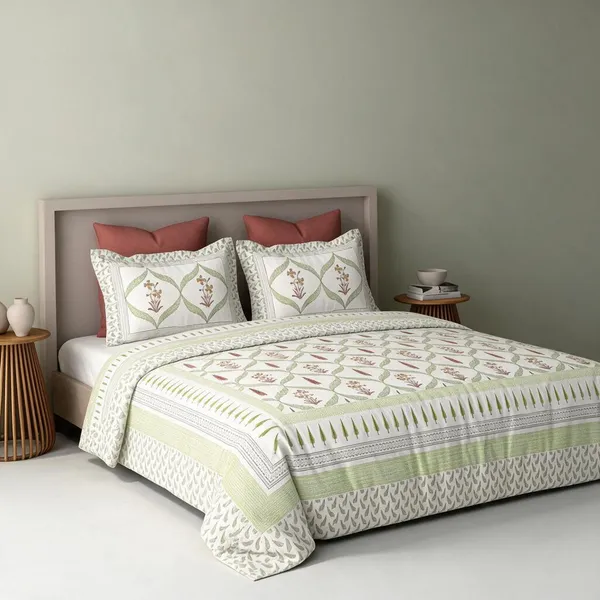 Green_And_White_100%_Cotton_King_Size_Bedsheet_For_Bedroom